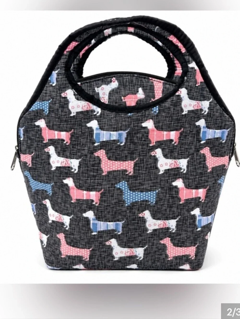 RESERVED Nanctte Lepore Pink & Blue Dachshund Pattern Dog Carrier Tote W/Dishes